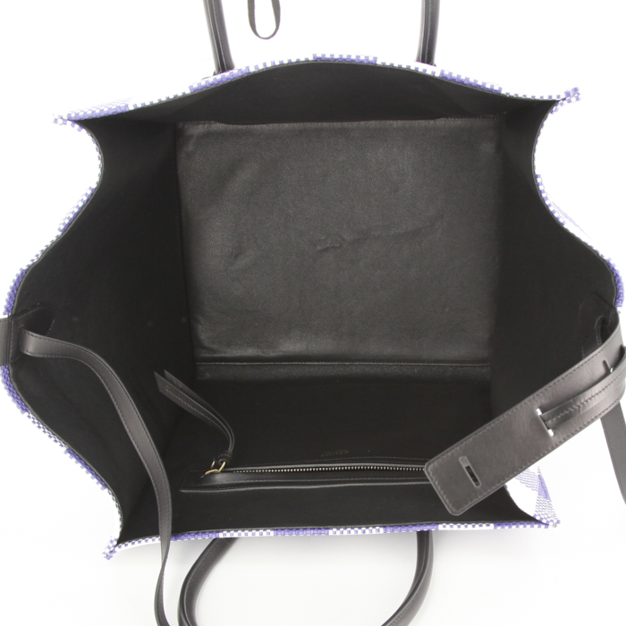 Sac à main Celine Phantom en toile imprimée bleue et blanche et cuir noir - Detail D2