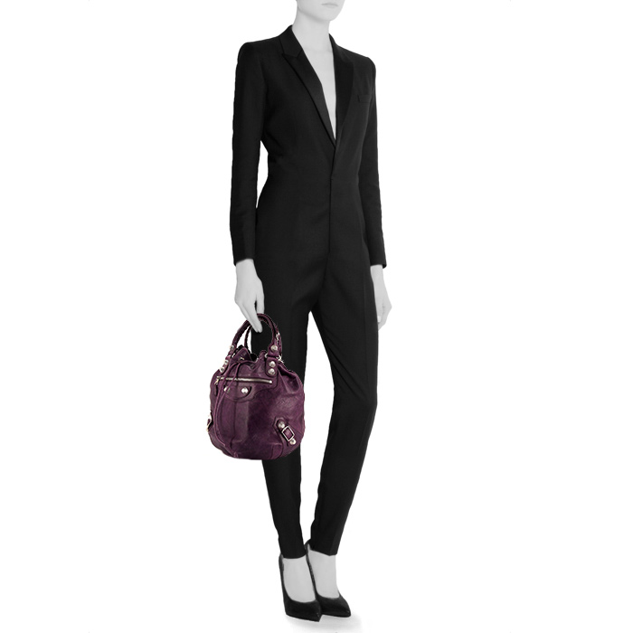 Shopping bag Balenciaga Pompon in pelle viola - Detail D1
