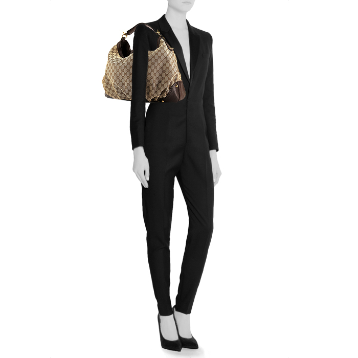 Shopping bag Gucci Mors modello grande in tela monogram beige e pelle marrone - Detail D1