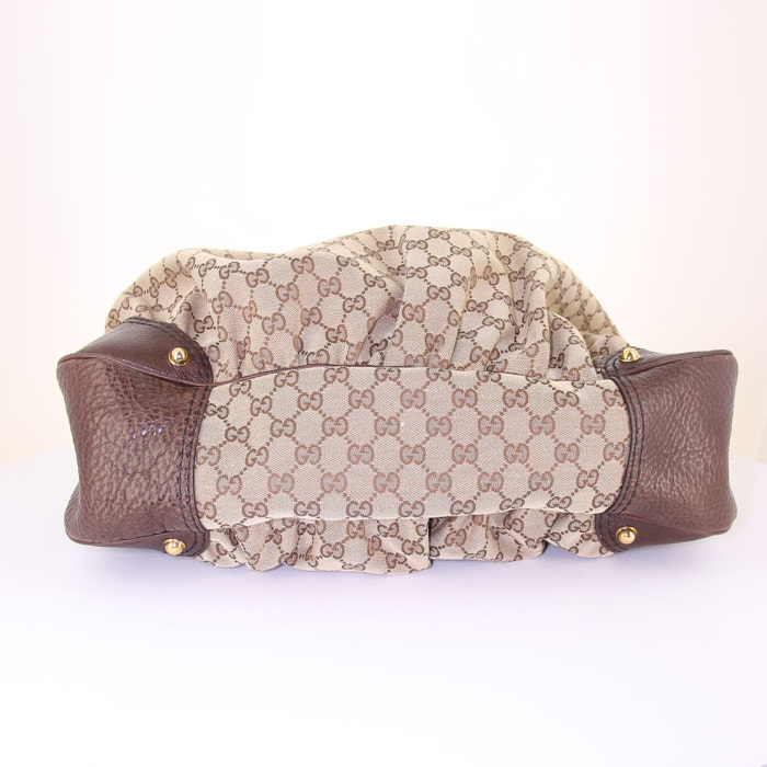 Shopping bag Gucci Mors modello grande in tela monogram beige e pelle marrone - Detail D5