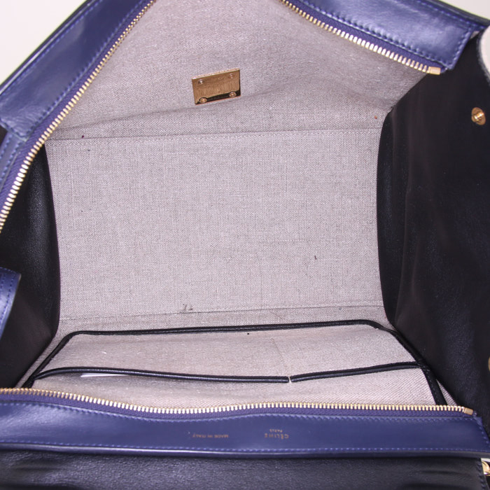 Borsa Celine Trapeze modello medio in pelle nera e blu e tela beige - Detail D3