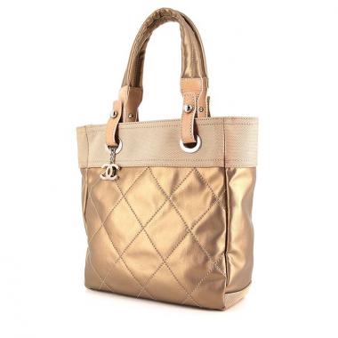 Borsa da spalla o a mano Chanel Paris-Biarritz modello piccolo in tela trapuntata mordoré e beige e pelle beige