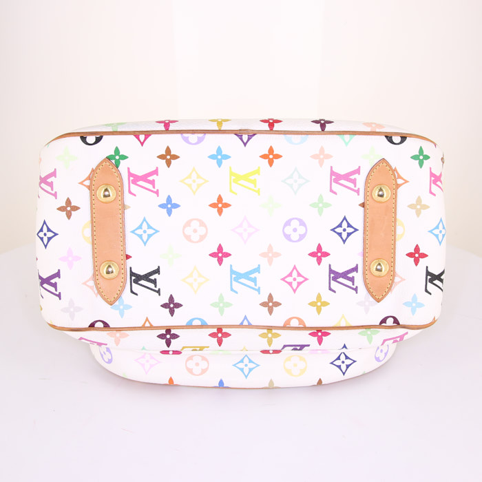 Borsa Louis Vuitton Rita modello grande in tela monogram multicolore bianca e pelle naturale - Detail D5