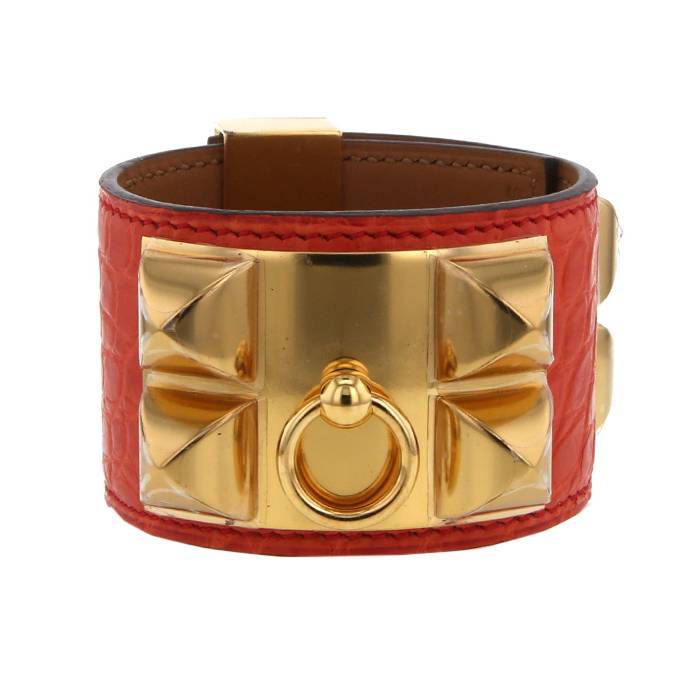 Bracelet manchette Hermes Médor en plaqué or et cuir orange - 00pp