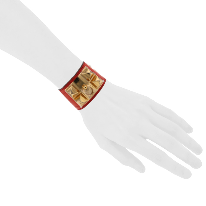 Brazalete Hermes Médor en oro chapado y cuero naranja - Detail D1