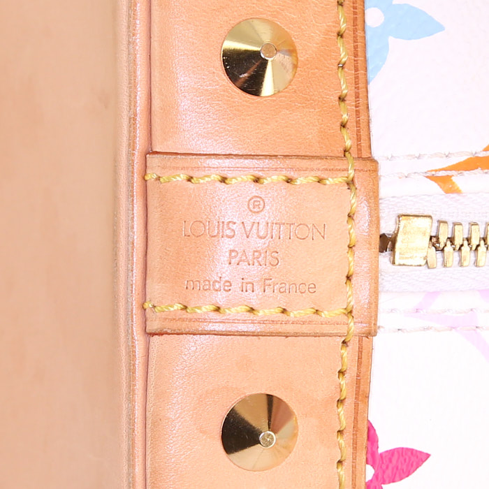 Borsa Louis Vuitton Alma in tela monogram multicolore bianca e pelle naturale - Detail D3