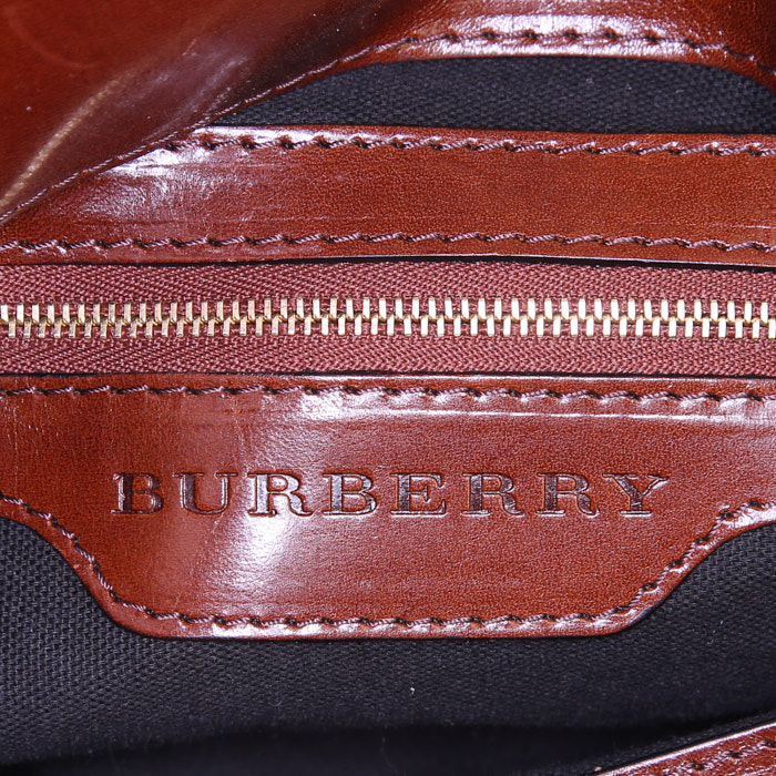 Bolso de mano Burberry en lona Haymarket beige y cuero marrón - Detail D3