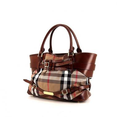 Borsa Burberry in tela Haymarket beige e pelle marrone