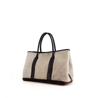 Sac cabas Hermes Garden en toile grise et cuir bleu