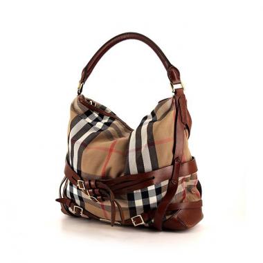 Borsa Burberry in tela Haymarket beige bianca e nera e pelle marrone