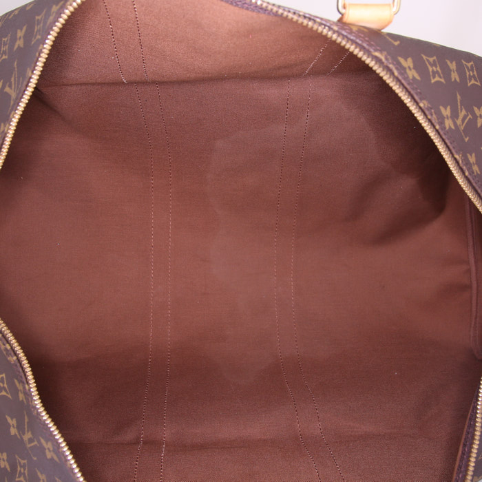 Sac de voyage Louis Vuitton Keepall 55 cm en toile monogram marron et cuir naturel - Detail D2