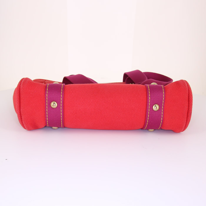 Louis Vuitton Antigua medium model shopping bag in red and mauve canvas - Detail D4