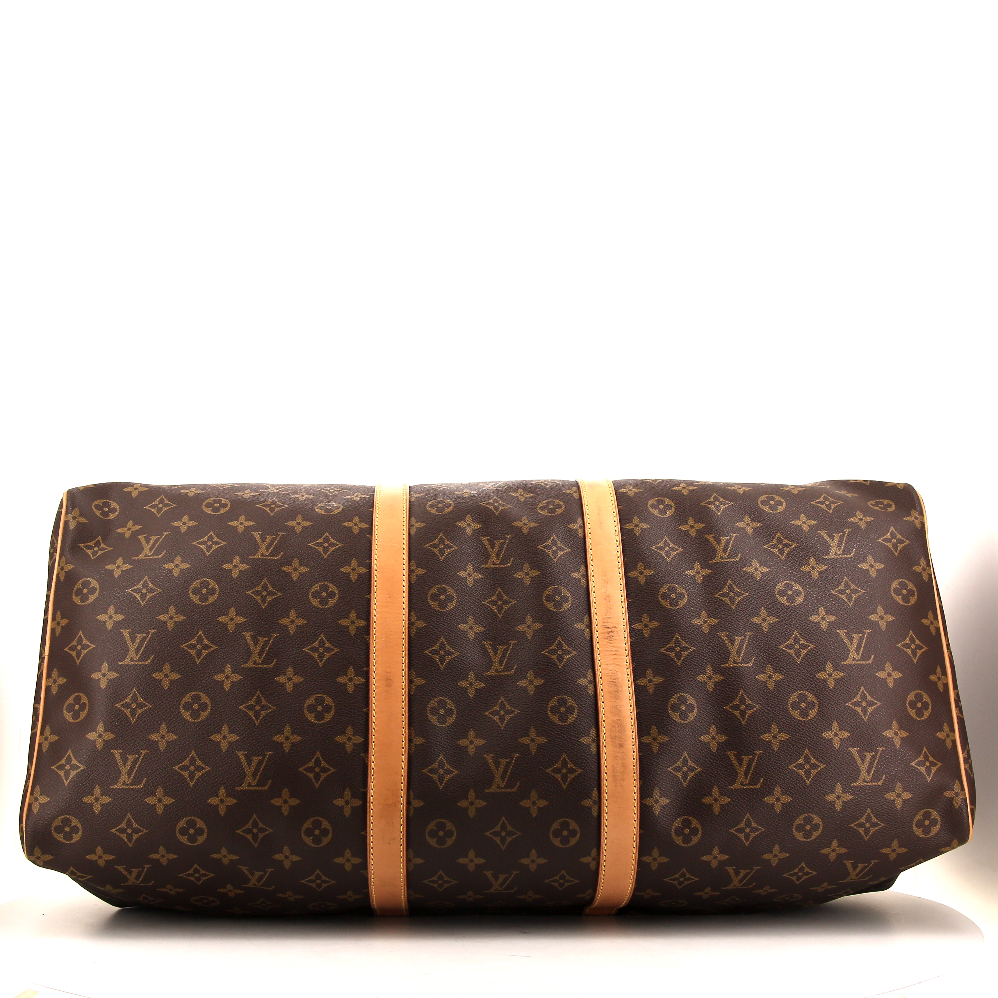Borsa da viaggio Louis Vuitton Keepall 60 cm in tela monogram marrone e pelle naturale - Detail D4