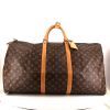 Bolsa de viaje Louis Vuitton Keepall 60 cm en lona Monogram marrón y cuero natural - 360 thumbnail