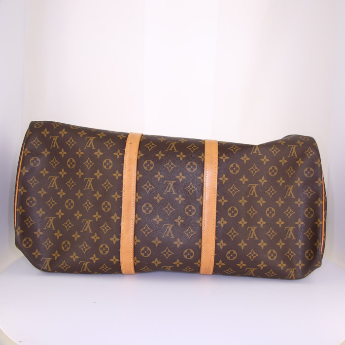 Borsa da viaggio Louis Vuitton Keepall 60 cm in tela monogram marrone e pelle naturale - Detail D4