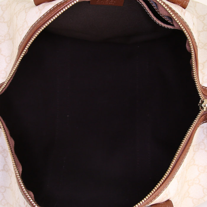 Sac à main Gucci Boston en toile monogram beige-miel et cuir marron - Detail D2