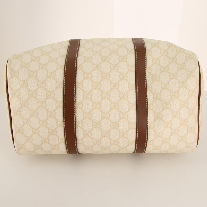 Bolso de mano Gucci Boston en lona Monogram beige miel y cuero marrón - Detail D4