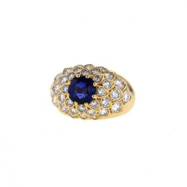 Rene Boivin 1970's ring in yellow gold,  diamonds and sapphire