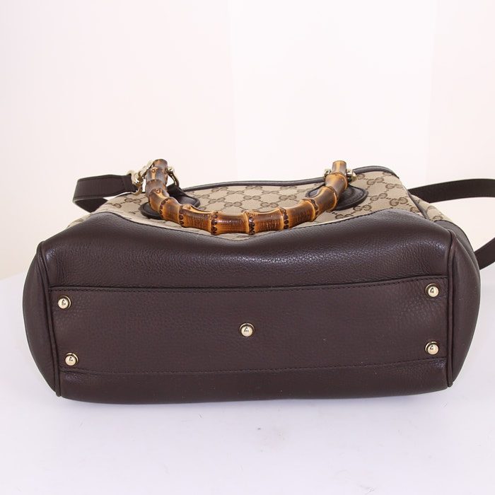 Gucci Bamboo handbag in beige monogram canvas and brown leather - Detail D5