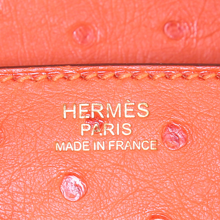 Hermes Birkin 30 cm handbag in orange Sanguine ostrich leather - Detail D3