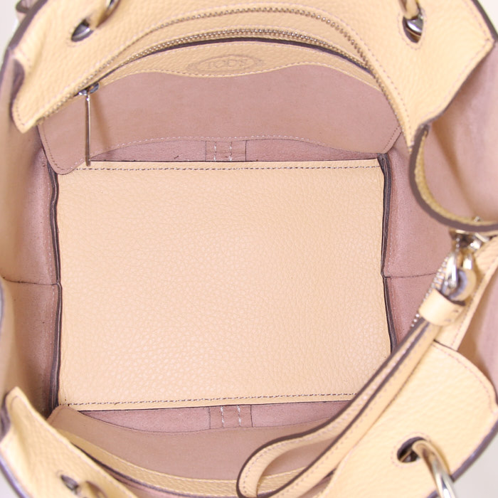 Borsa a tracolla Tod's Joy mini in pelle martellata beige e pelle gialla - Detail D3