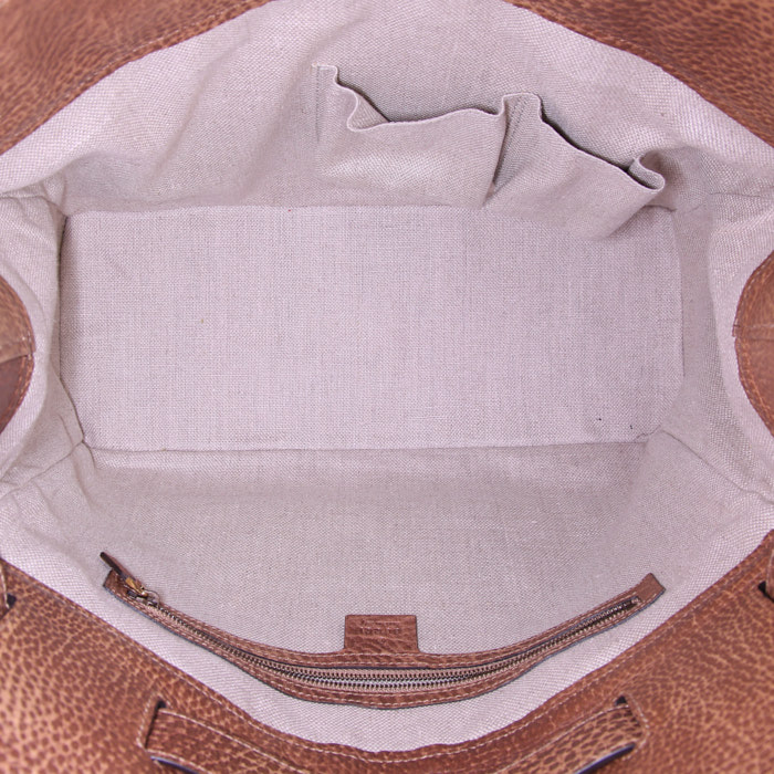 Gucci Gucci Vintage handbag in brown grained leather and beige raphia - Detail D2