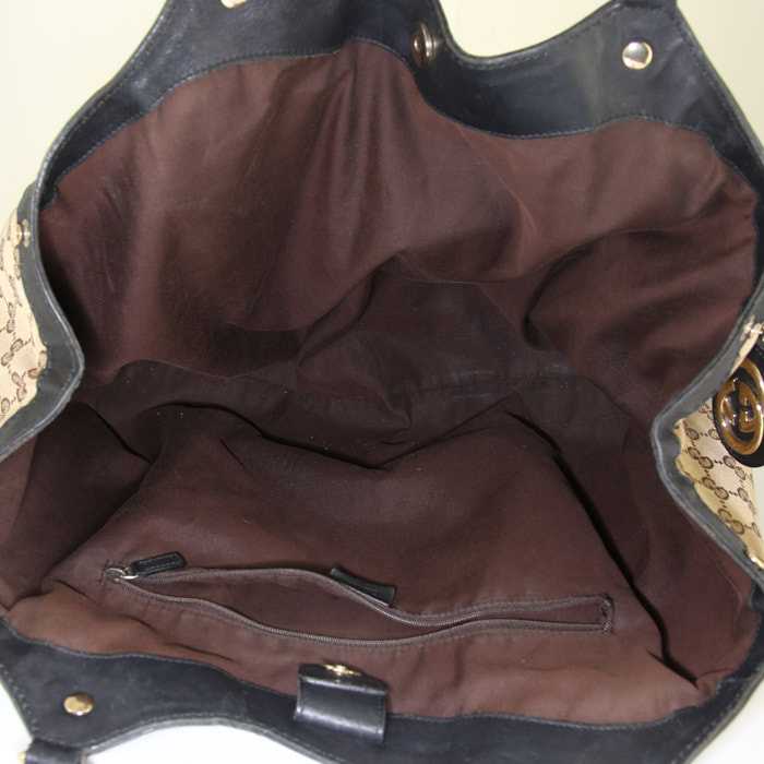 Borsa da spalla o a mano Gucci Sukey modello grande in tela monogram beige e pelle marrone - Detail D2