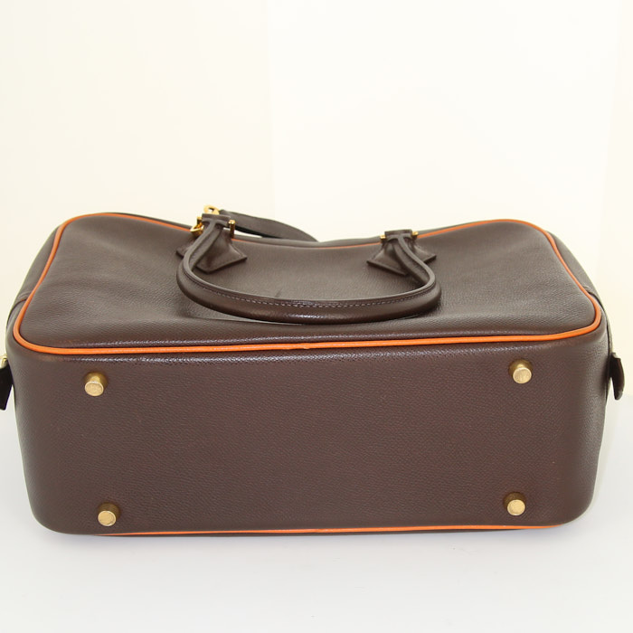 Bolso de mano Hermes Plume en cuero epsom marrón y junco naranja - Detail D5