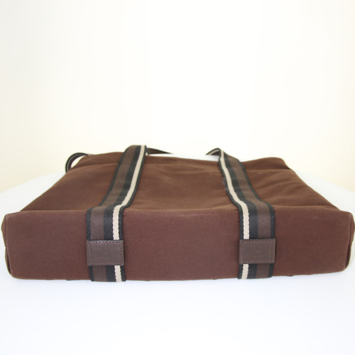 Sac cabas Hermes Troca en toile marron et cuir marron - Detail D4