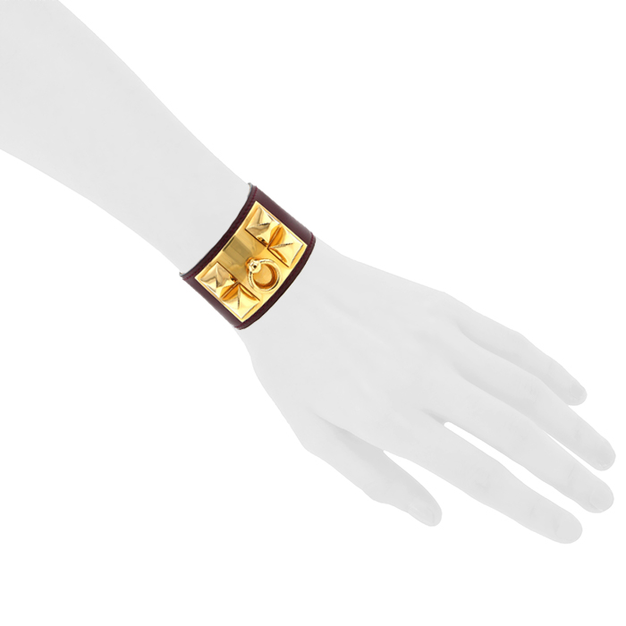 Bracciale Hermes Médor in oro placcato e pelle bordeaux - Detail D1