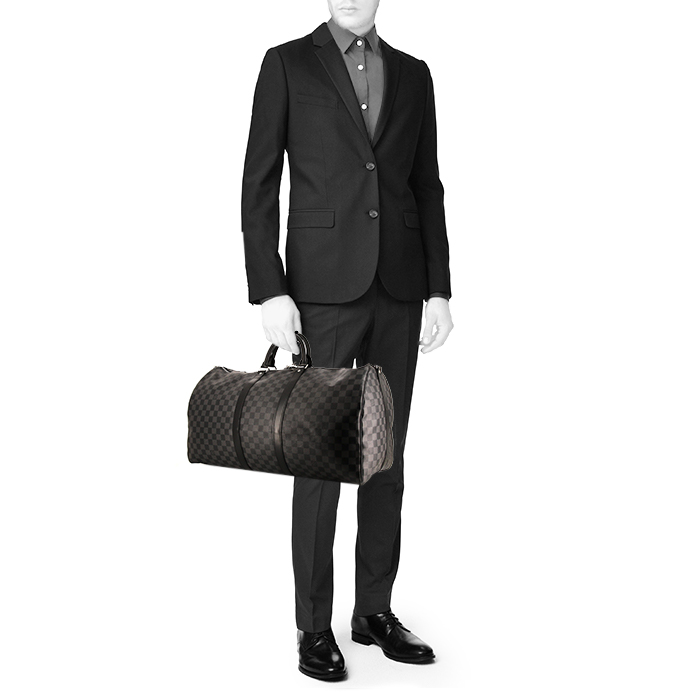 Borsa da viaggio Louis Vuitton Keepall 55 cm in tela cerata con motivo a scacchi grigio e pelle nera - Detail D1