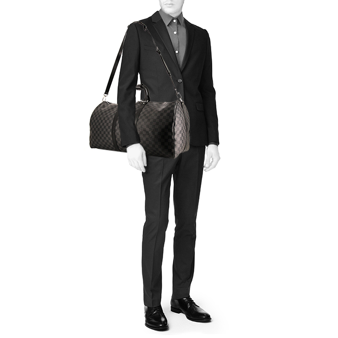 Louis Vuitton Keepall 55 cm travel bag in grey damier canvas and black leather - Detail D2