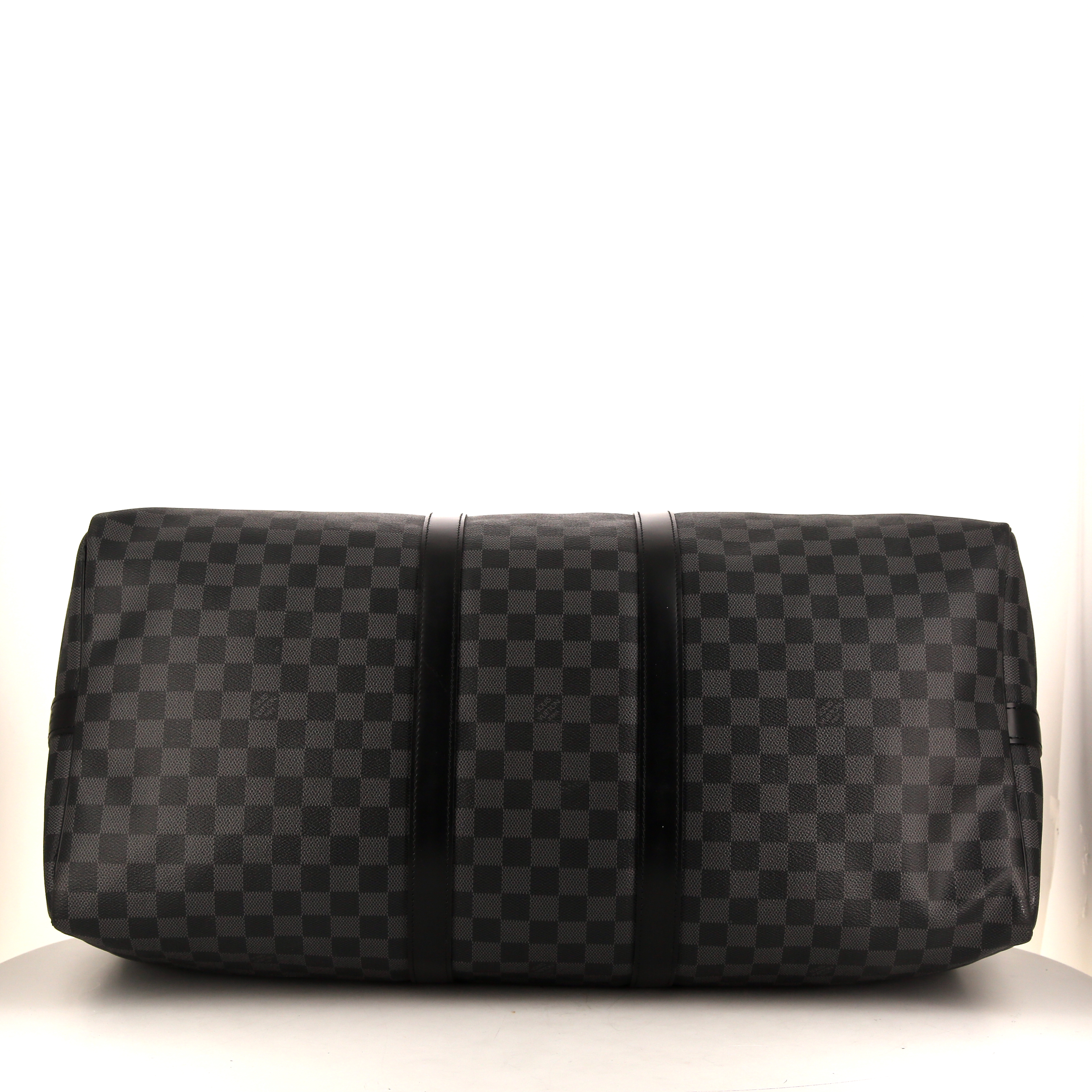 Louis Vuitton Keepall 55 cm travel bag in grey damier canvas and black leather - Detail D5