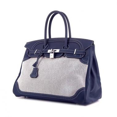 Hermès Birkin Ghillies handbag in grey canvas and blue Swift leather