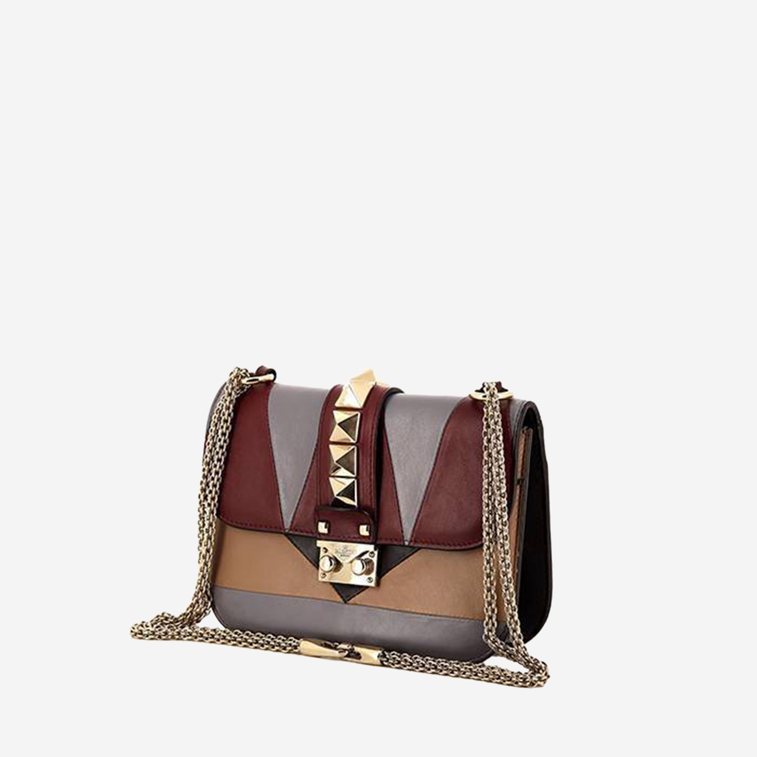 Borsa Valentino Garavani Rockstud Lock in pelle multicolore bordeaux grigia beige e marrone