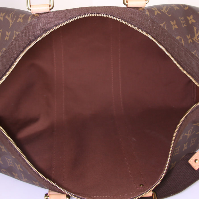 Borsa da viaggio Louis Vuitton Keepall 60 cm in tela monogram cerata marrone e pelle naturale - Detail D5