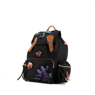 Zaino Burberry in tela nera a fiori e pelle marrone