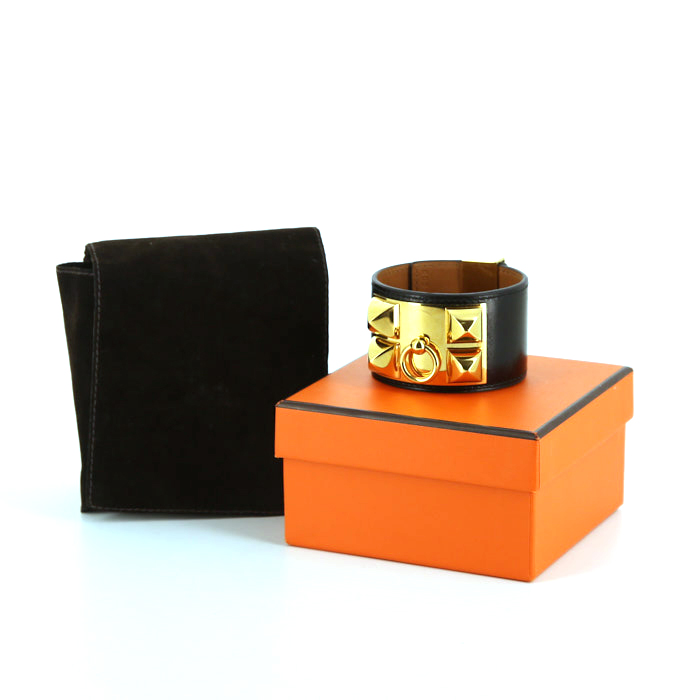 Bracciale Hermes Médor in metallo dorato e pelle nera