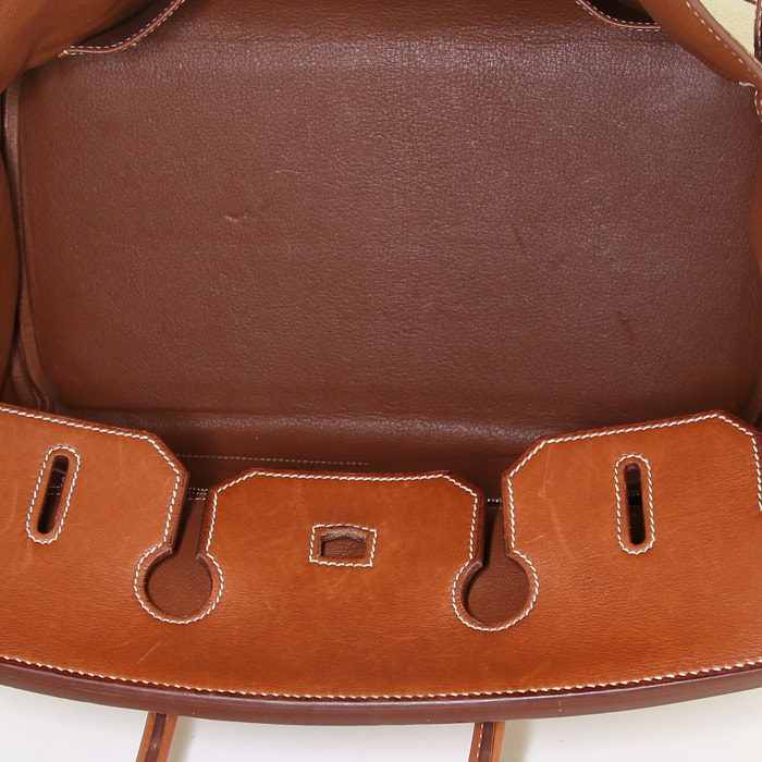 Hermes Birkin 35 cm handbag in beige canvas and Barenia leather - Detail D2
