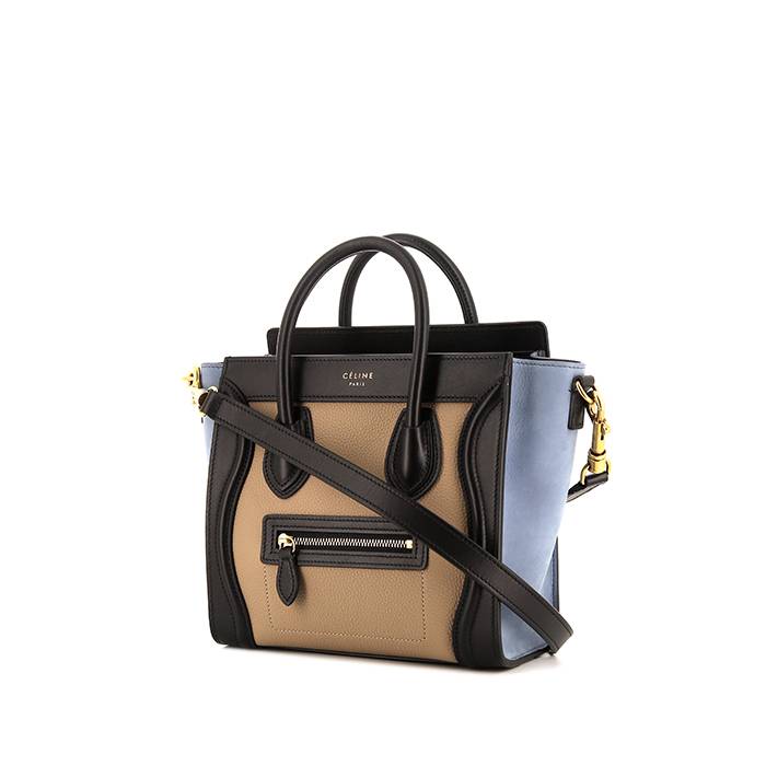 Sac bandoulière Celine Luggage Nano en cuir tricolore beige et noir et daim bleu