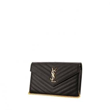 Bolso bandolera Saint Laurent Wallet on Chain en cuero granulado acolchado negro