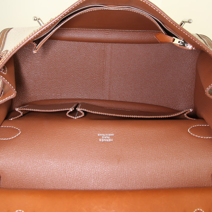 Borsa bisaccia Hermes Jypsiere in pelle Barenia marrone e tela beige - Detail D2