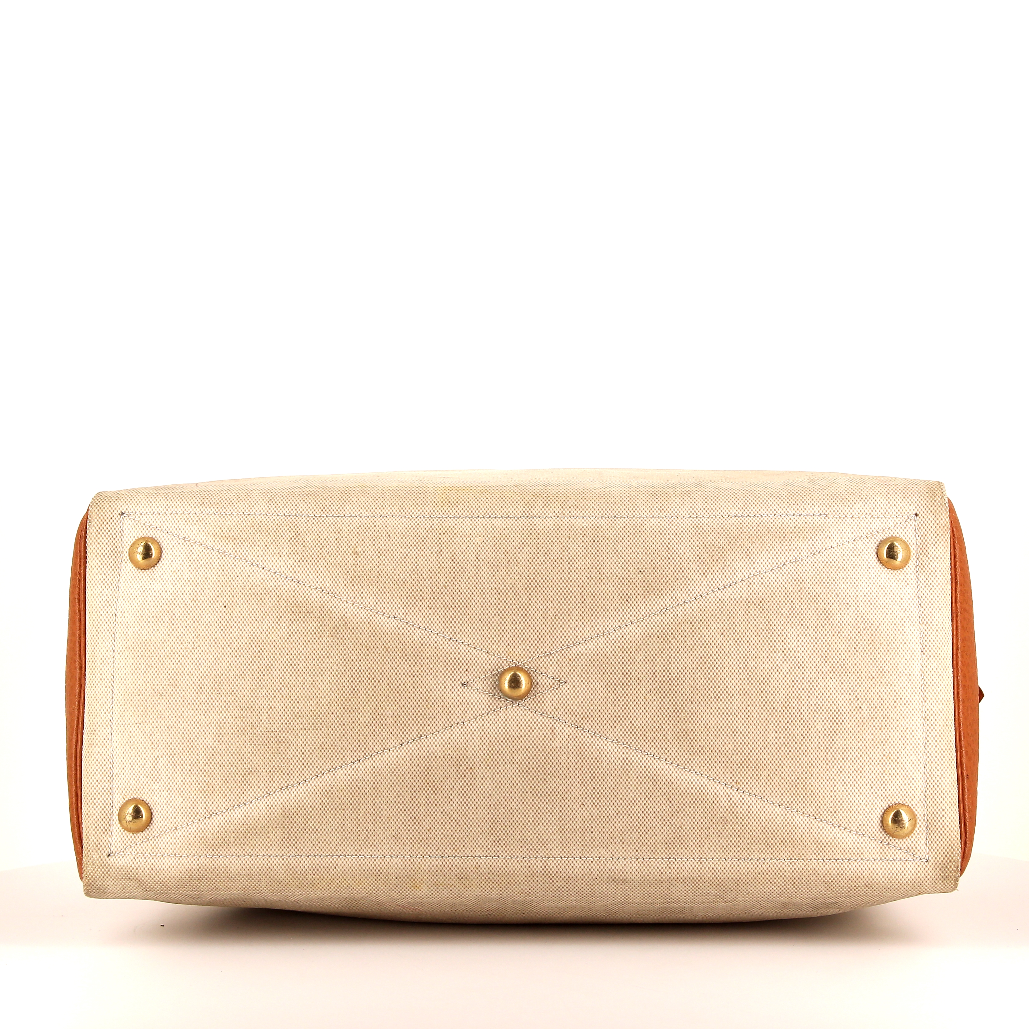 Borsa da viaggio Hermes Victoria in tela beige e pelle gold - Detail D4