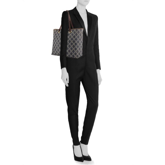 Bolso Cabás Celine Vintage en lona denim Monogram azul y cuero marrón - Detail D1