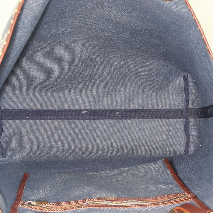 Bolso Cabás Celine Vintage en lona denim Monogram azul y cuero marrón - Detail D2