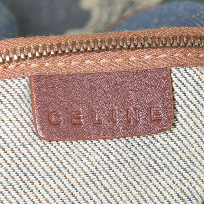 Bolso Cabás Celine Vintage en lona denim Monogram azul y cuero marrón - Detail D3