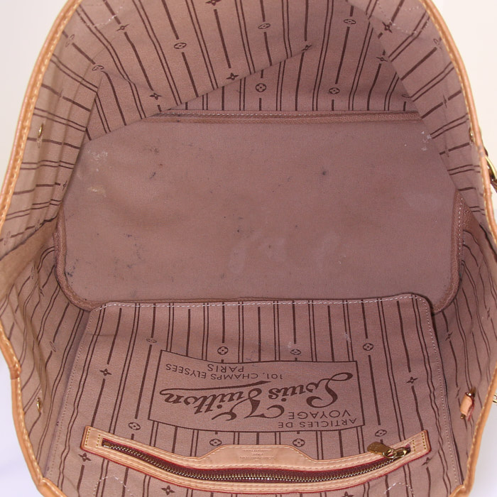 Shopping bag Louis Vuitton Neverfull modello medio in tela monogram marrone e pelle naturale - Detail D2