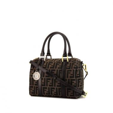 Fendi shoulder bag in brown and black logo canvas and brown leather