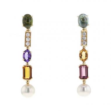Paire de pendants d'oreilles articulée Bulgari Allegra en or jaune,  diamants et pierres de couleurs