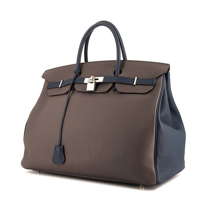 Borsa Hermes Birkin 40 cm in pelle taurillon clemence grigia stagna e blu